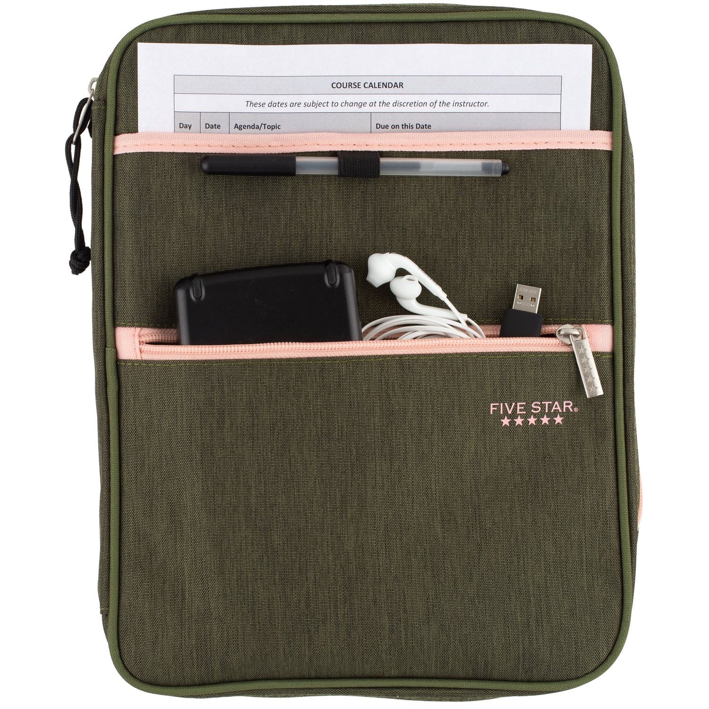 Five Star Zipper Binder, 1 inch 3-Ring Binder, Carry-All with Internal Pockets and Dividers, Olive/Peach