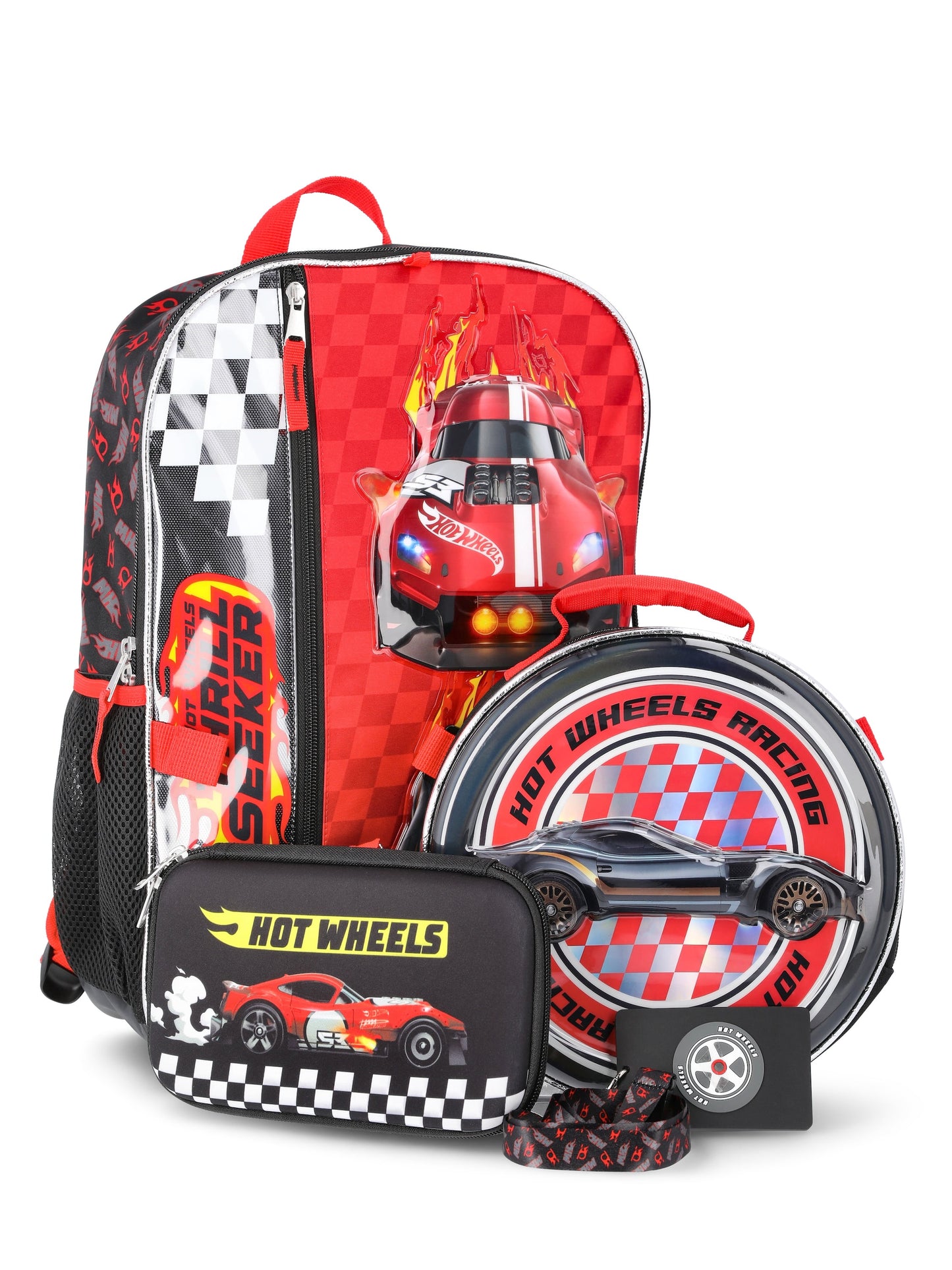 Hot Wheels Boys 17" Thrill Seeker Backpack, Lunch Box, Gadget Case, and Lanyard Set, 4-Piece, Black