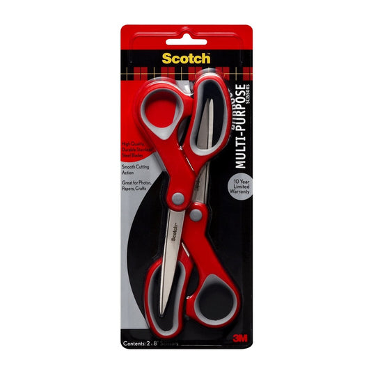 3M Scotch Multi-Purpose Scissors, 2pk , 8" Straight, Gray/Red