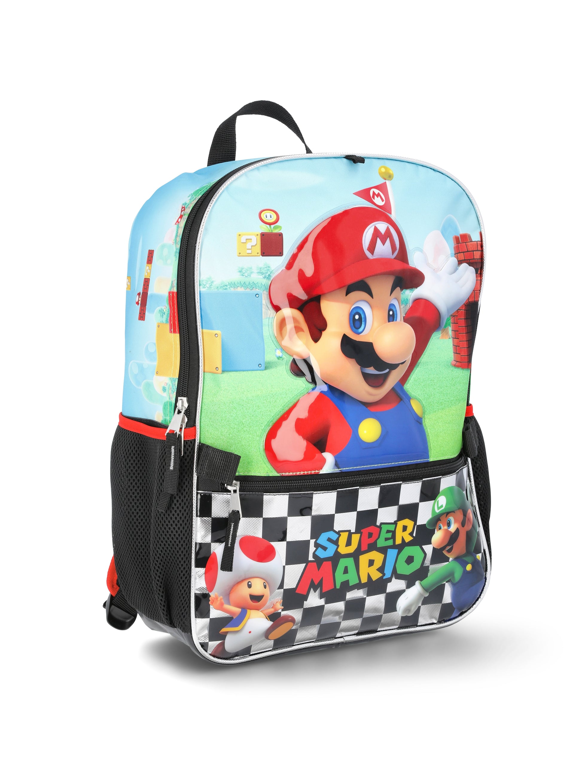 Nintendo Boys' 17" Super Mario Backpack, Lunch Box, Gadget Case, and ID Holder Set, 4-Piece, Black