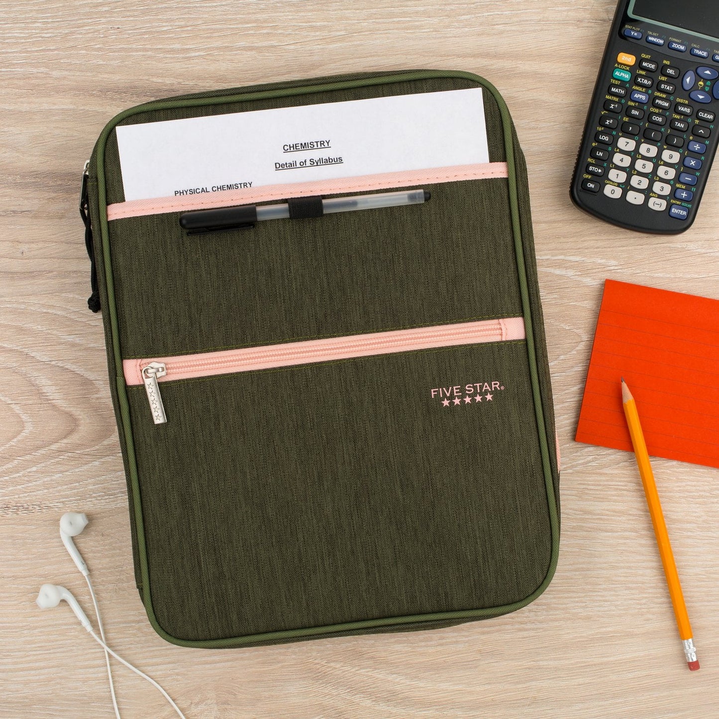 Five Star Zipper Binder, 1 inch 3-Ring Binder, Carry-All with Internal Pockets and Dividers, Olive/Peach