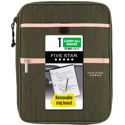 Five Star Zipper Binder, 1 inch 3-Ring Binder, Carry-All with Internal Pockets and Dividers, Olive/Peach