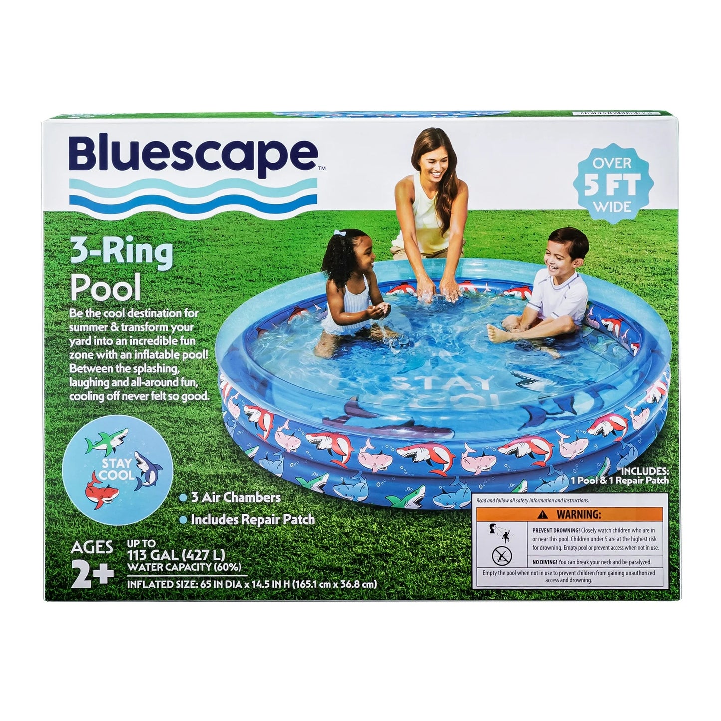 Bluescape Blue Shark 3-Ring Inflatable Swimming Pool for Kids, Round, Age 2 & up, Unisex