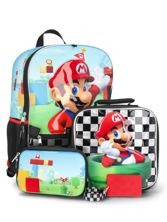 Nintendo Boys' 17" Super Mario Backpack, Lunch Box, Gadget Case, and ID Holder Set, 4-Piece, Black
