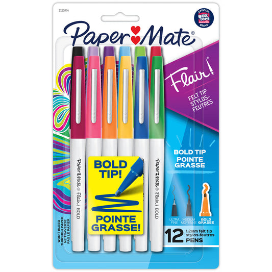 Paper Mate Flair Felt Tip Pens, Bold 1.2mm, Assorted Colors, Pack of 12