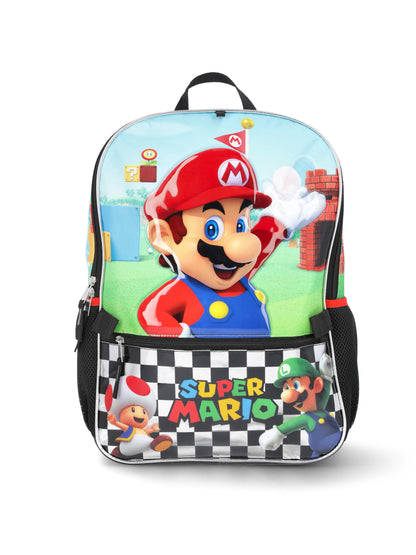 Nintendo Boys' 17" Super Mario Backpack, Lunch Box, Gadget Case, and ID Holder Set, 4-Piece, Black