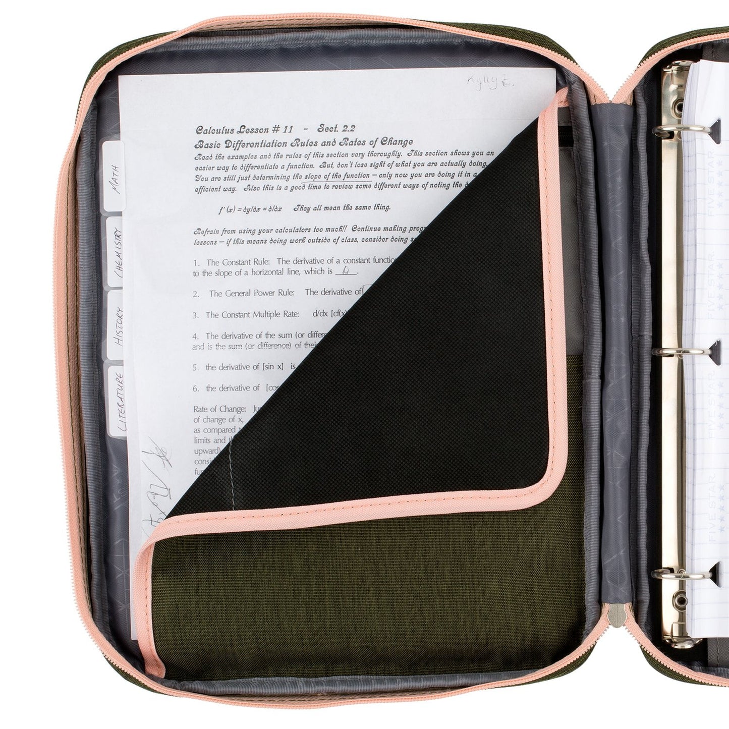 Five Star Zipper Binder, 1 inch 3-Ring Binder, Carry-All with Internal Pockets and Dividers, Olive/Peach